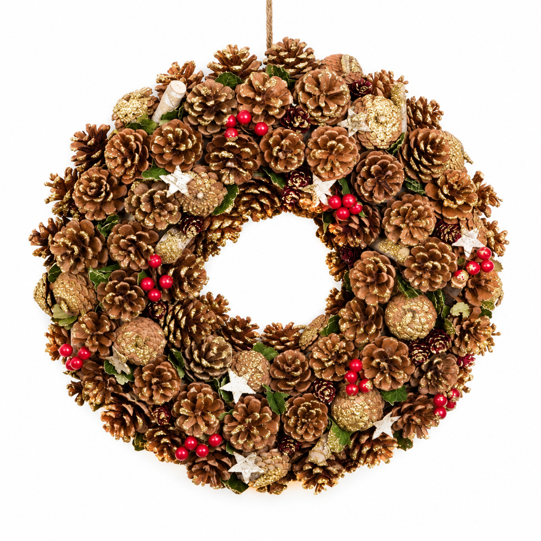 GreenBrokers Christmas Wreath 48cm Gold Pine Cones Red Berries Festive Decor D1238