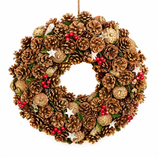 GreenBrokers Christmas Wreath 48cm Gold Pine Cones Red Berries Festive Decor D1238