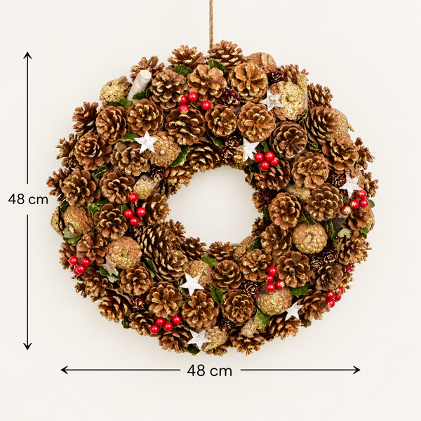 GreenBrokers Christmas Wreath 48cm Gold Pine Cones Red Berries Festive Decor D1238