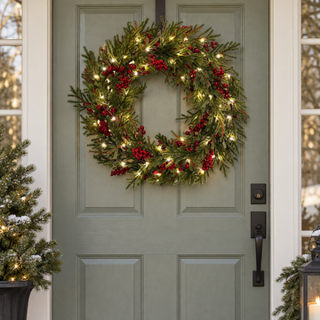 GreenBrokers Pre-Lit Christmas Wreath with Pine Effect Foliage & Red Berries D1336