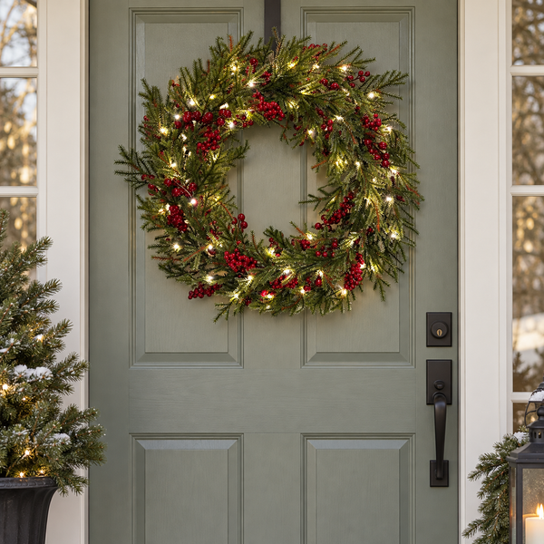 GreenBrokers Pre-Lit Christmas Wreath with Pine Effect Foliage & Red Berries D1336
