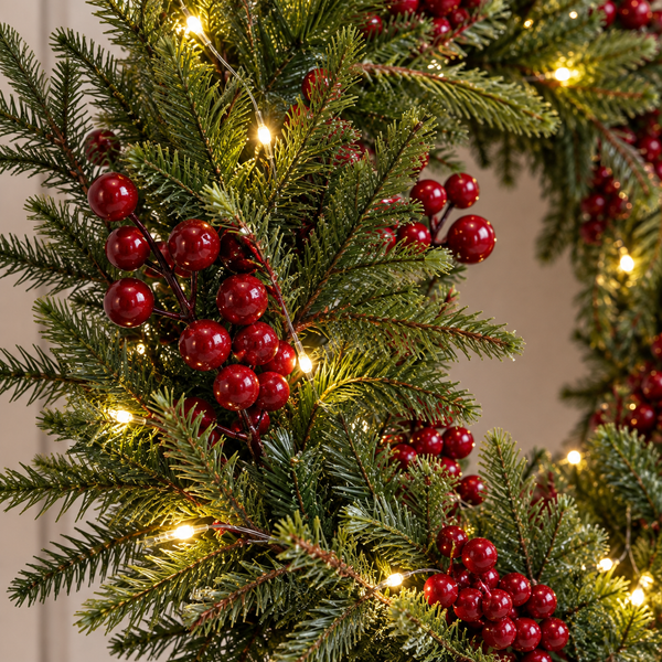 GreenBrokers Pre-Lit Christmas Wreath with Pine Effect Foliage & Red Berries D1336