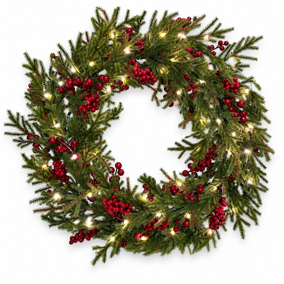 GreenBrokers Pre-Lit Christmas Wreath with Pine Effect Foliage & Red Berries D1336
