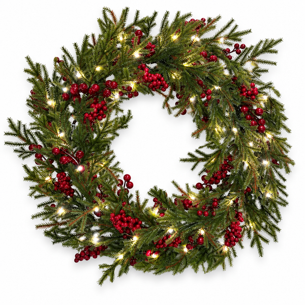 GreenBrokers Pre-Lit Christmas Wreath with Pine Effect Foliage & Red Berries D1336