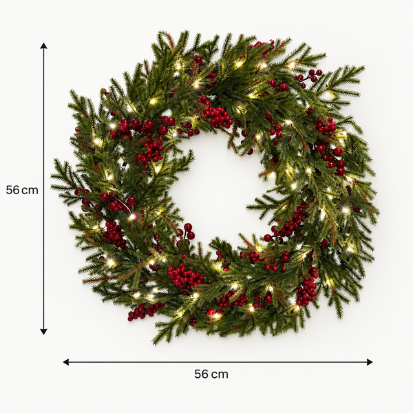 GreenBrokers Pre-Lit Christmas Wreath with Pine Effect Foliage & Red Berries D1336