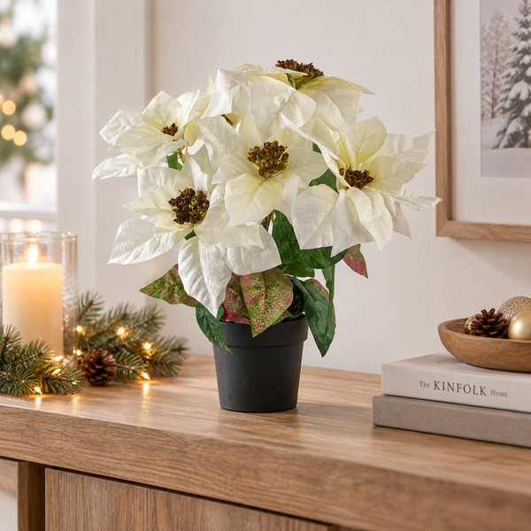 GreenBrokers Artificial White Poinsettia Christmas Plant in Pot 46cm D1358