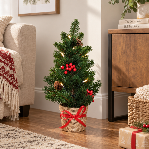 GreenBrokers Mini Artificial Pine Christmas Tree 43cm with LED Lights in Pot D1392