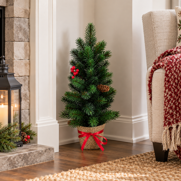 GreenBrokers Mini Artificial Pine Christmas Tree 50cm with LED Lights in Pot D1395