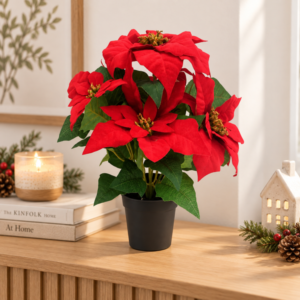 GreenBrokers Artificial Red Poinsettia Christmas Plant in Pot 36cm D1399