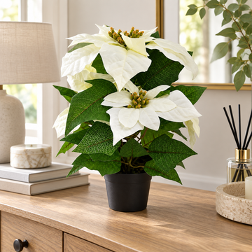 GreenBrokers Artificial White Poinsettia Christmas Plant in Pot 36cm D1400