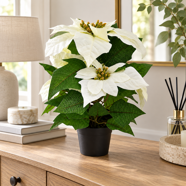 GreenBrokers Artificial White Poinsettia Christmas Plant in Pot 36cm D1400