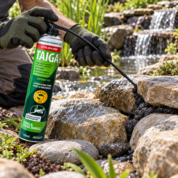 TAIGA Black PU Landscape Pond & Waterfall Foam 700ml - Applicator + Gloves Included - Multi Use - DIY1323