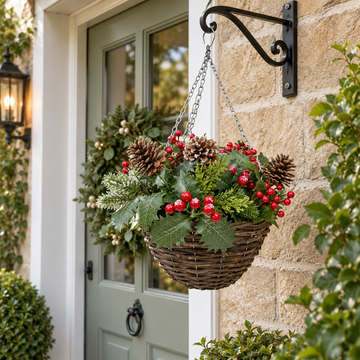 Artificial Christmas Rattan Hanging Basket with Lightly Frosted Pinecone, Berries & Holly & Conifer Greenery