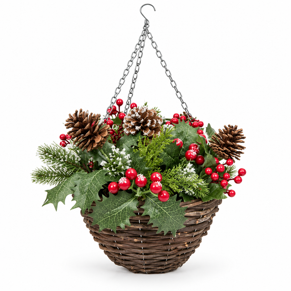 Artificial Christmas Rattan Hanging Basket with Lightly Frosted Pinecone, Berries & Holly & Conifer Greenery