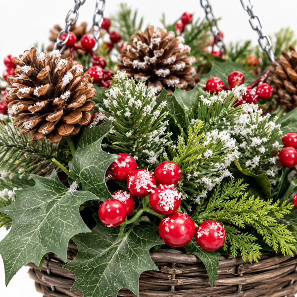 Artificial Christmas Rattan Hanging Basket with Lightly Frosted Pinecone, Berries & Holly & Conifer Greenery
