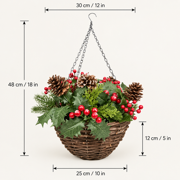 Artificial Christmas Rattan Hanging Basket with Lightly Frosted Pinecone, Berries & Holly & Conifer Greenery