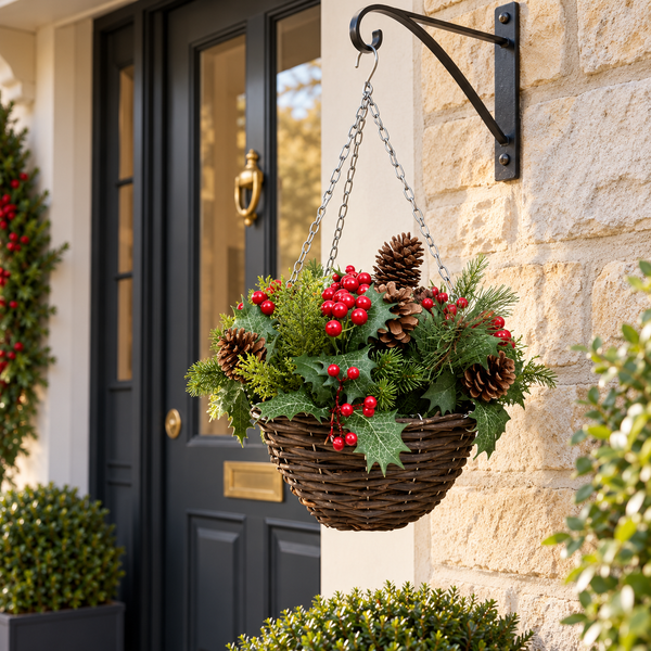 Artificial Christmas Rattan Hanging Basket with Pinecones & Berries and Holly & Conifer Greenery
