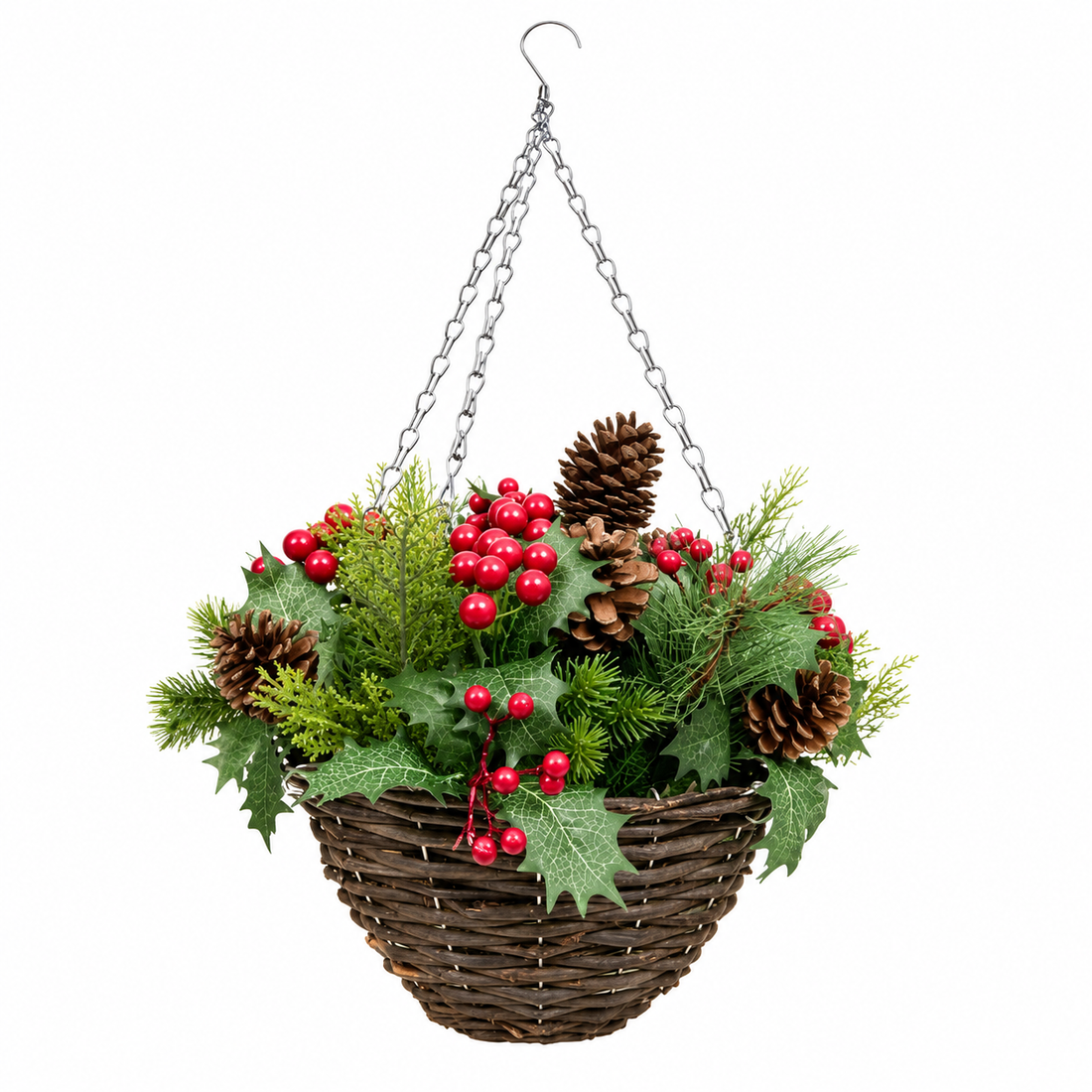 Artificial Christmas Rattan Hanging Basket with Pinecones & Berries and Holly & Conifer Greenery