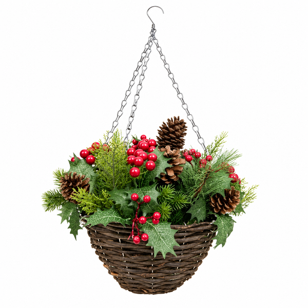 Artificial Christmas Rattan Hanging Basket with Pinecones & Berries and Holly & Conifer Greenery