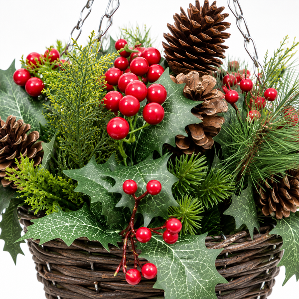 Artificial Christmas Rattan Hanging Basket with Pinecones & Berries and Holly & Conifer Greenery