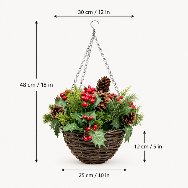 Artificial Christmas Rattan Hanging Basket with Pinecones & Berries and Holly & Conifer Greenery