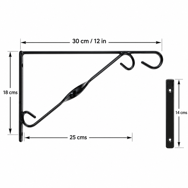 2 x Black Single Twist Metal Hanging Basket Bracket 12in/30cm - S1407