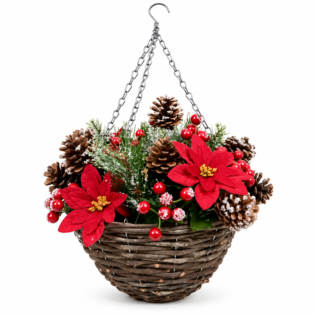 Artificial Christmas Rattan Hanging Basket with Snow Poinsettia, Pinecones Berries & Holly & Conifer Greenery