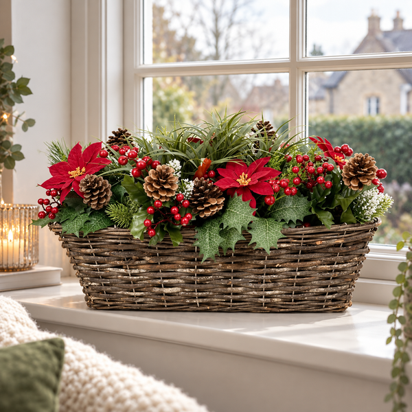Artificial Christmas Window Box with Poinsettia Pinecones Berries Conifer & Pine Greenery