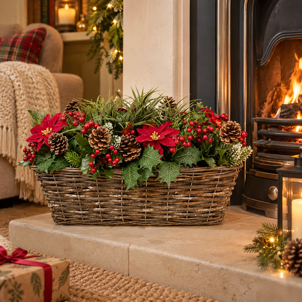 Artificial Christmas Window Box with Poinsettia Pinecones Berries Conifer & Pine Greenery