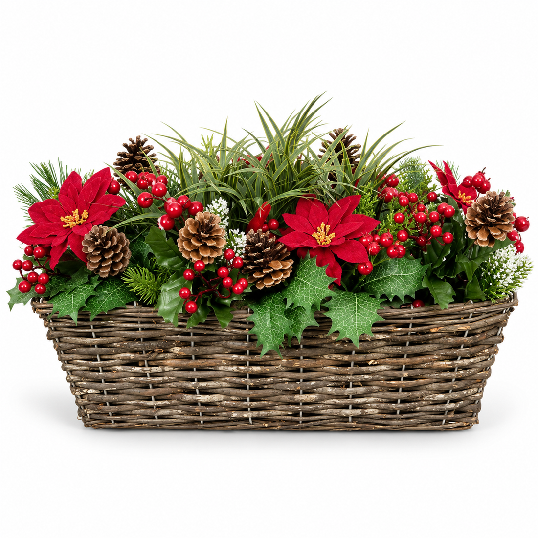 Artificial Christmas Window Box with Poinsettia Pinecones Berries Conifer & Pine Greenery