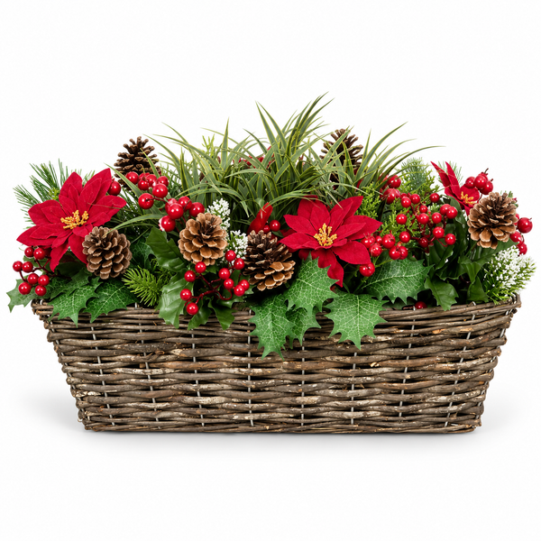 Artificial Christmas Window Box with Poinsettia Pinecones Berries Conifer & Pine Greenery