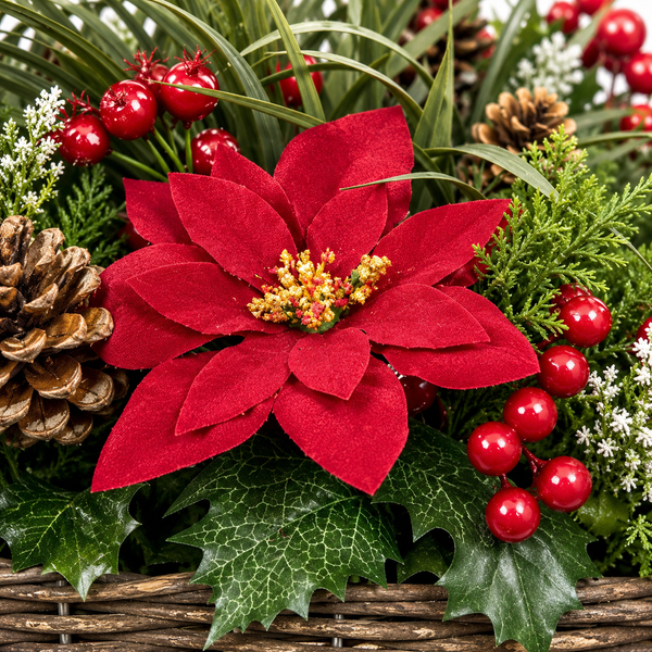 Artificial Christmas Window Box with Poinsettia Pinecones Berries Conifer & Pine Greenery