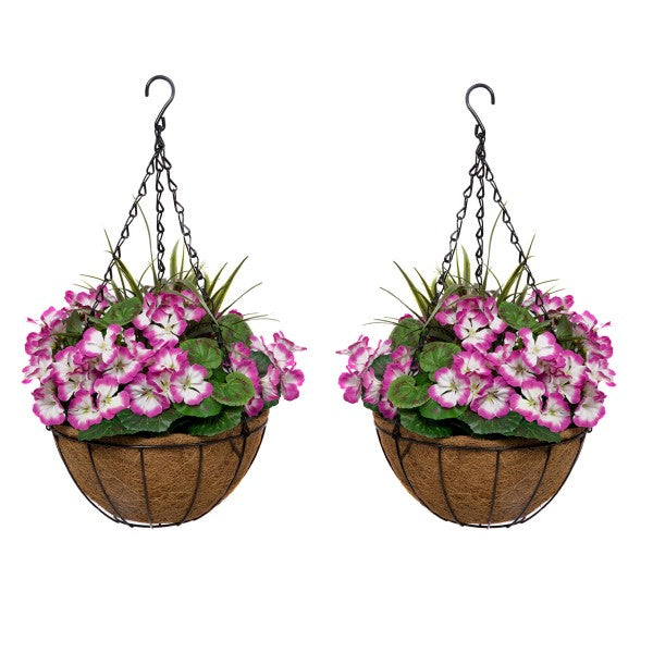 Artificial Purple Geranium Round Coir Hanging Basket (Set of 2) - A1189