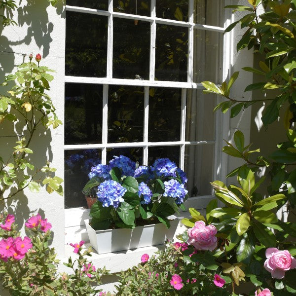 Artificial Blue Hydrangea in White Metal Window Box -A1386