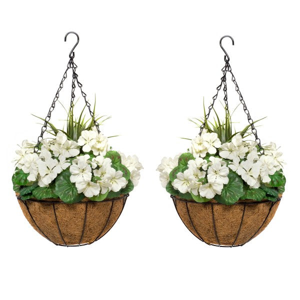 Artificial White Geranium Round Coir Hanging Basket (Set of 2) - A1187