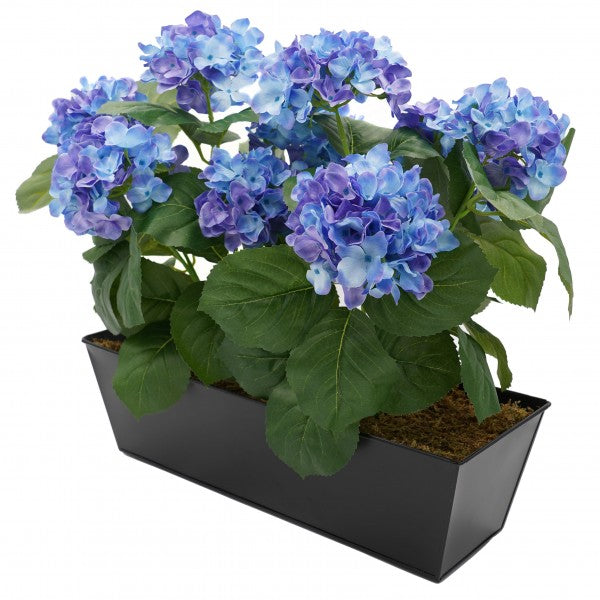 Artificial Blue Hydrangea in Black Metal Window Box -A1385