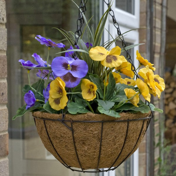 Artificial Purple & Yellow Pansy Round Coir Hanging Basket (Set of 2) - A1156