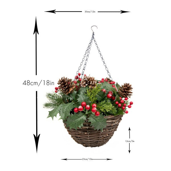 Artificial Christmas Rattan Hanging Basket with Lightly Frosted Pinecone, Berries &amp; Holly &amp; Conifer Greenery 