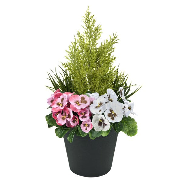 Artificial Pink & White Pansy Black Patio Planter 60cm/24in - A1079