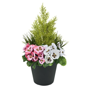 Artificial Pink & White Pansy Black Patio Planter 60cm/24in - A1079