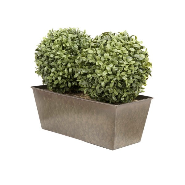 *Clearance* Artificial Topiary Double Ball Aglaia Boxwood in Rustic Slanted Tin Window Box 35cm/14in - A1029C