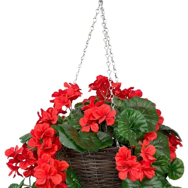 Artificial Red Geranium Rattan Hanging Basket with Vine (25cm) - A1450