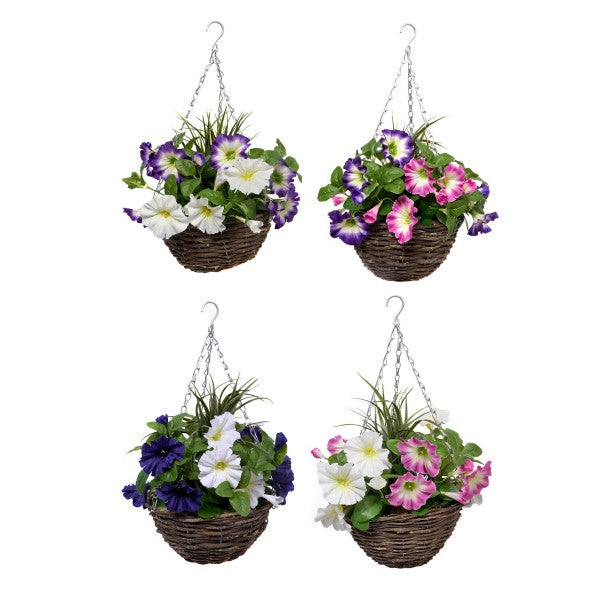 Artificial Dark Purple &amp; White Round Rattan Petunia Hanging Baskets (Set of 2) - A1183