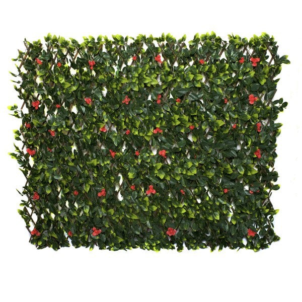 Artificial Expanding Green Wall Willow Trellis Fence with Green Foliage and Red Flowers (1m x 2m) - A1262