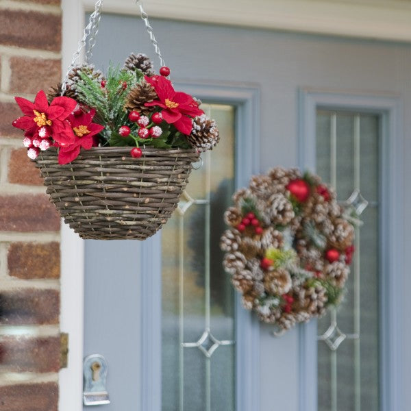 Artificial Christmas Rattan Hanging Basket with Snow Poinsettia, Pinecones &amp; Berries &amp; Holly &amp; Conifer Greenery