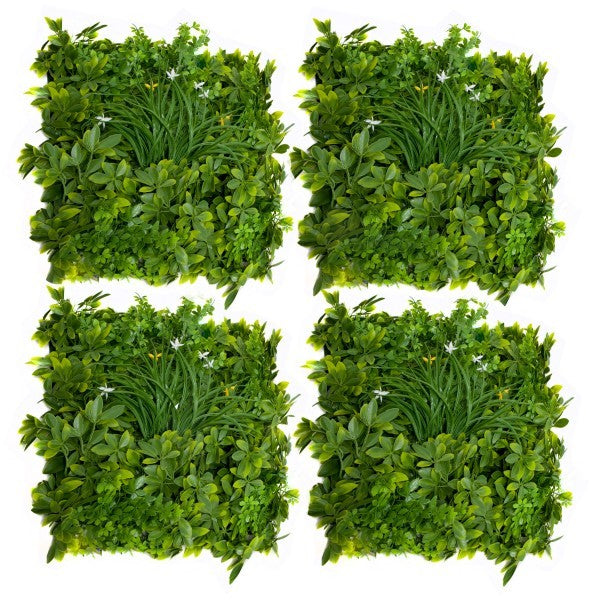 Artificial Premium Green Wall Hedge with Mixed Leaf Foliage Yellow &amp; White Flowers Pack of 4 x 50cm/20in - A1269