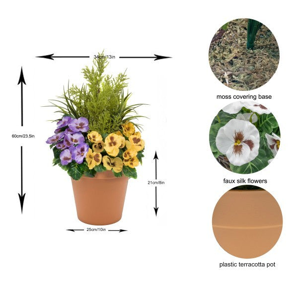 Artificial Purple &amp; Yellow Pansy Terracotta Patio Planter 60cm/24in - A1081