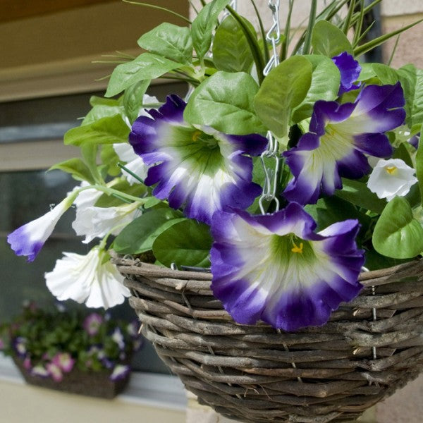 Artificial Pink &amp; White Round Rattan Petunia Hanging Baskets  (Set of 2) - A1184