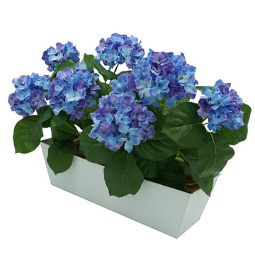 Artificial Blue Hydrangea in White Metal Window Box -A1386