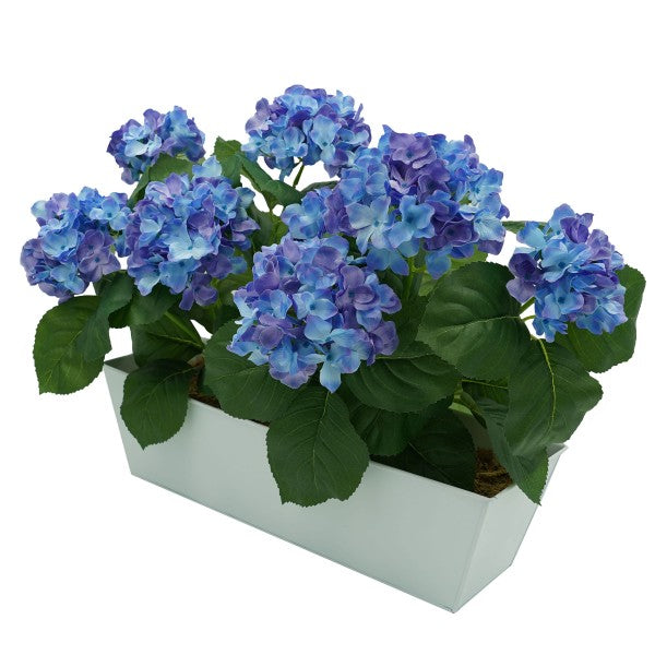 Artificial Blue Hydrangea in White Metal Window Box -A1386